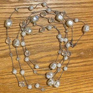 Lovely 34" Silver Chain with Pearl & Clear Beads Necklace